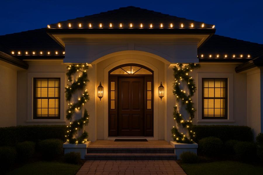 Front entry framed in warm Christmas lights