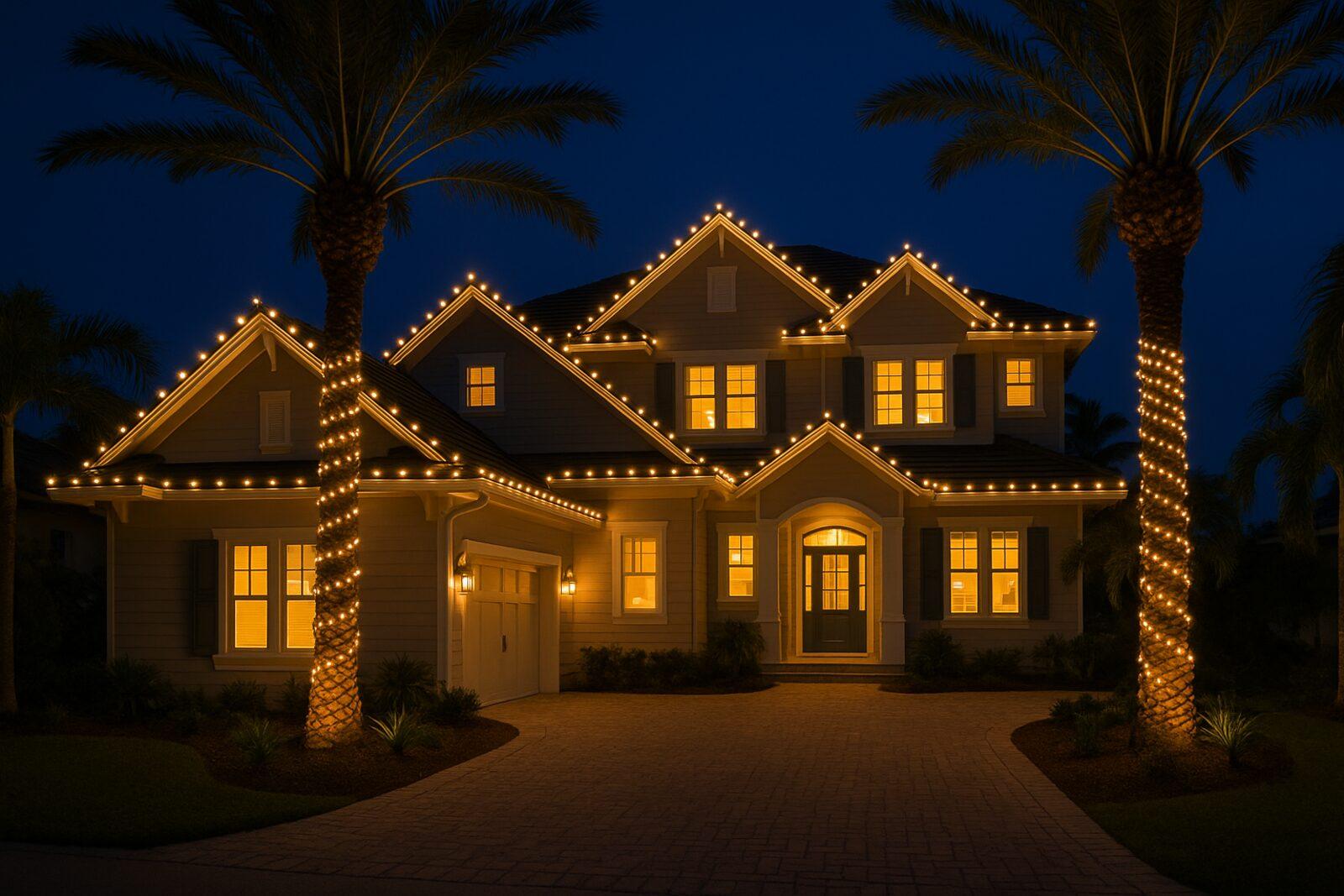 Brevard County home at night with professional C9 Christmas lights outlining every roofline and wrapped palm trees