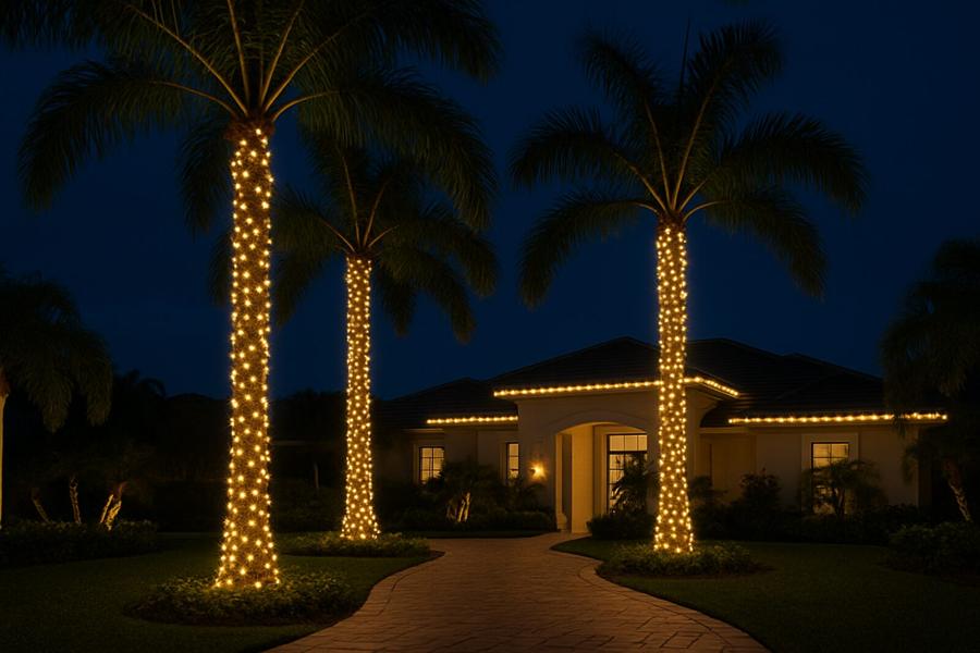 Palm trees wrapped in Christmas lights