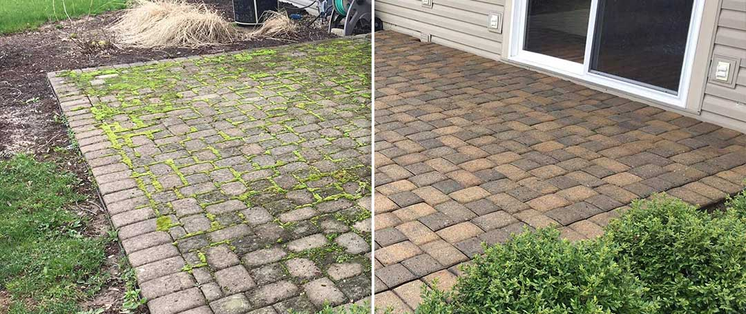 Paver patio before and after pressure washing