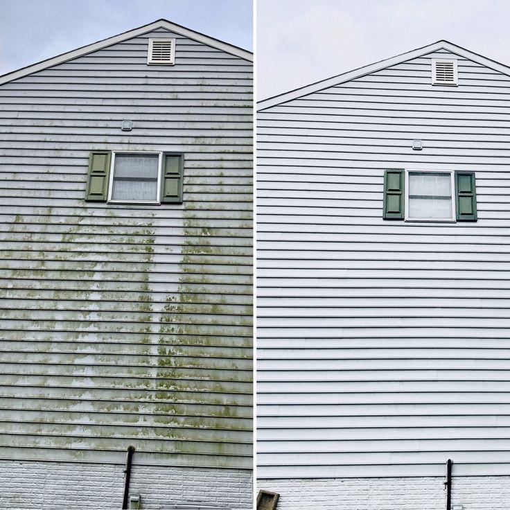 Vinyl siding with algae streaks before and clean after